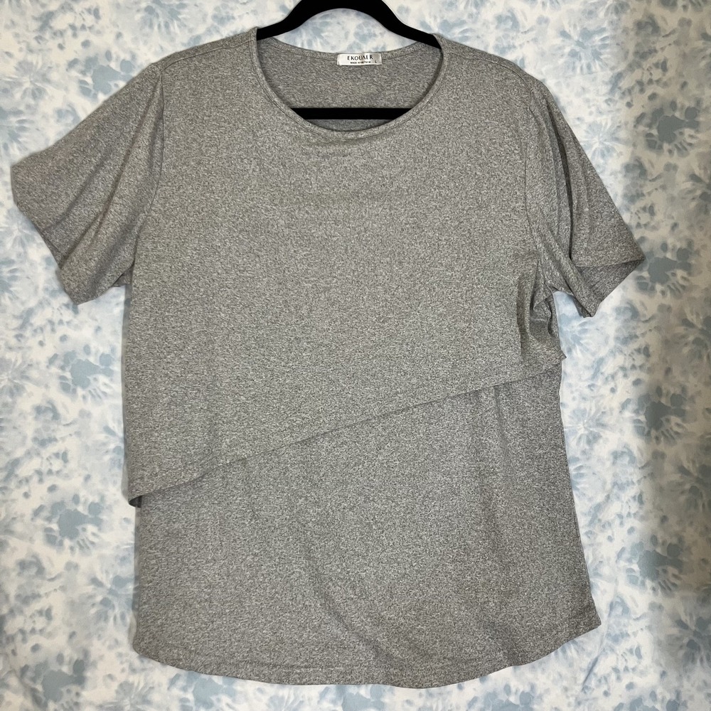 Ekouaer Womens Maternity Nursing Top Gray‎ Large Scoop Neck Short Sleeve Stretch